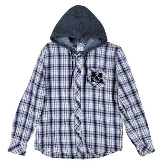 Pink Floyd Hooded Flannel Shirt Men M Black White Plaid Dark Side Of Moon '73 LS - Picture 5 of 11
